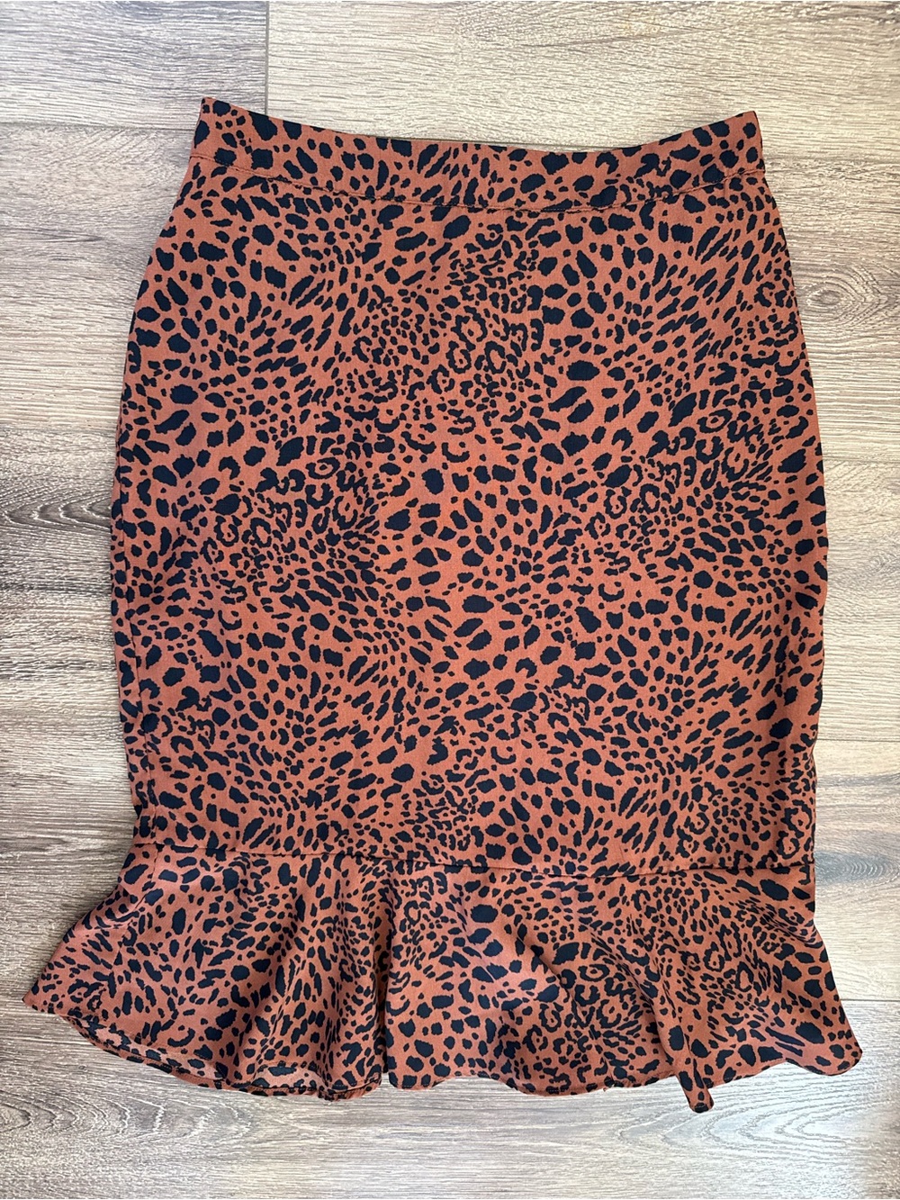 Everly Leopard-Print Pencil Skirt with Flounce Hem, Black and Orange Brown Rust
